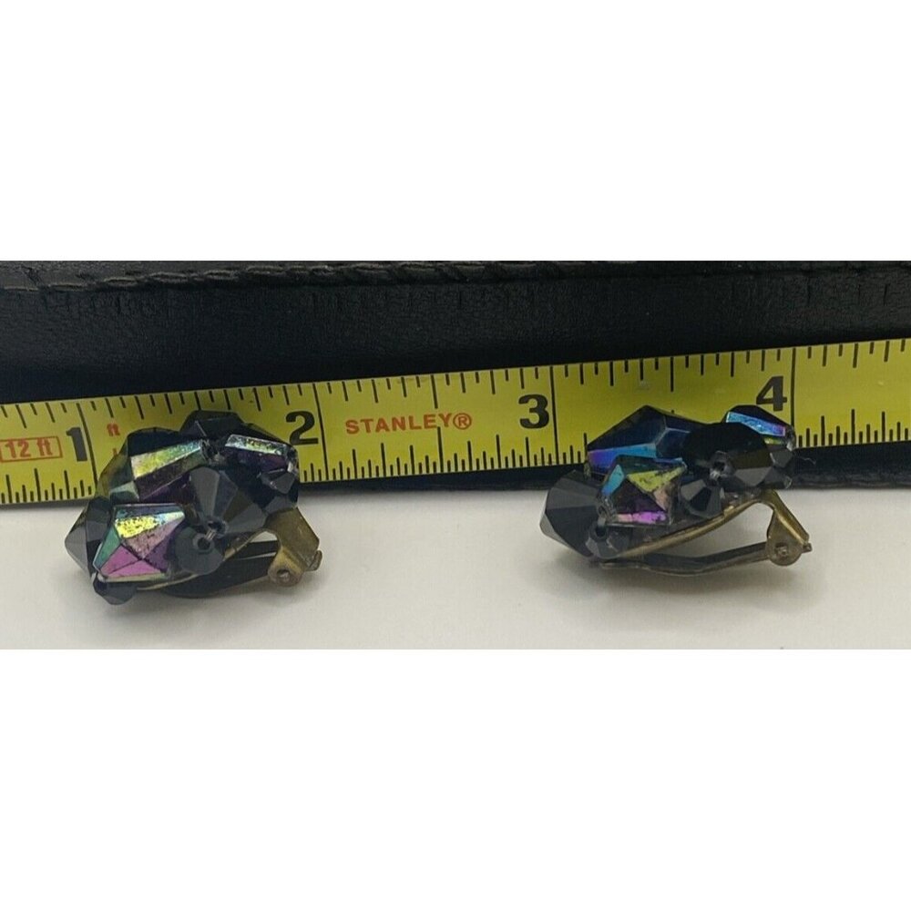 Vintage Clip on Earrings Black Glass Oil Slick West German Beads Peacock Retro - Picture 10 of 10